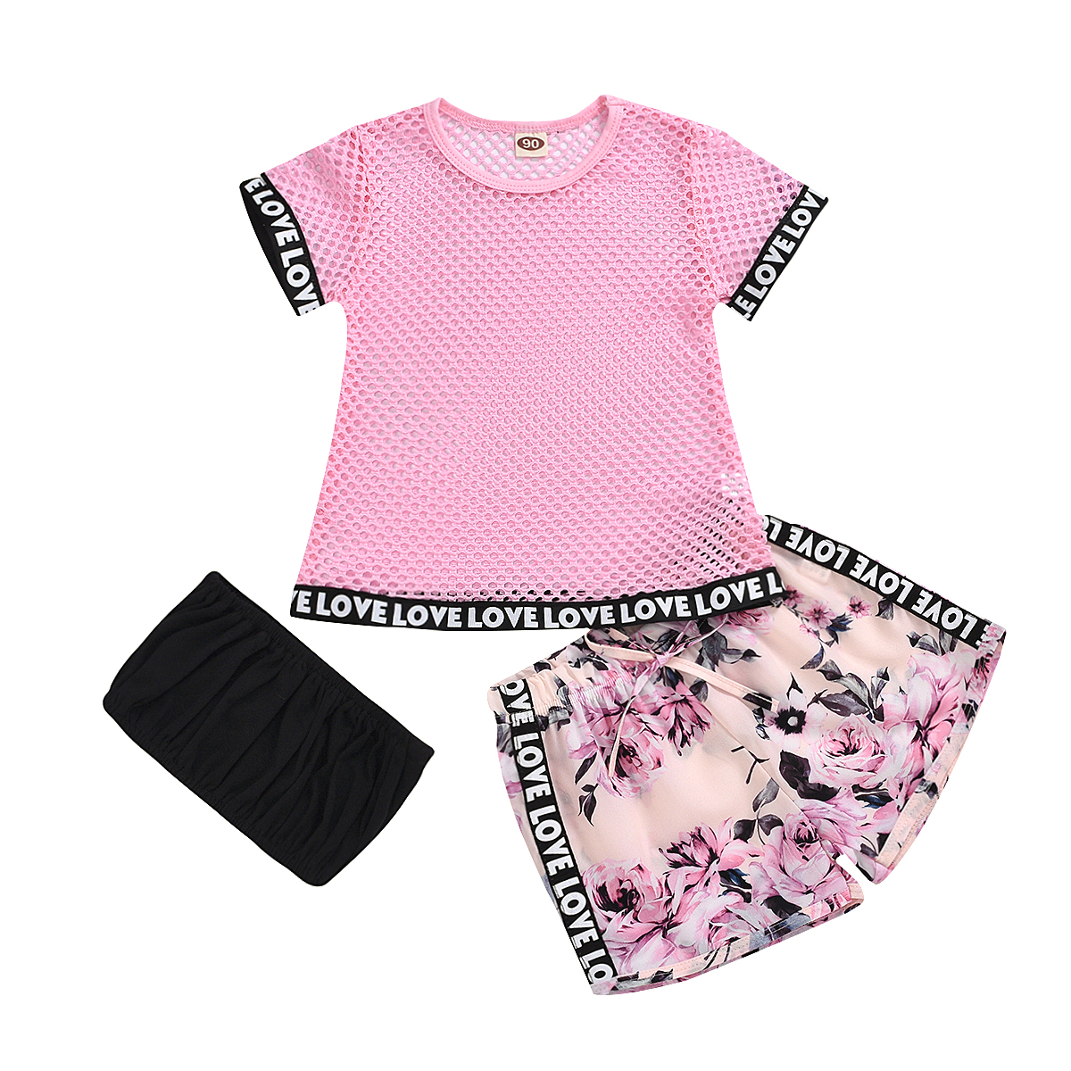 Sports suit childrens hollow solid color top tube top printed shorts hair accessoriespicture5