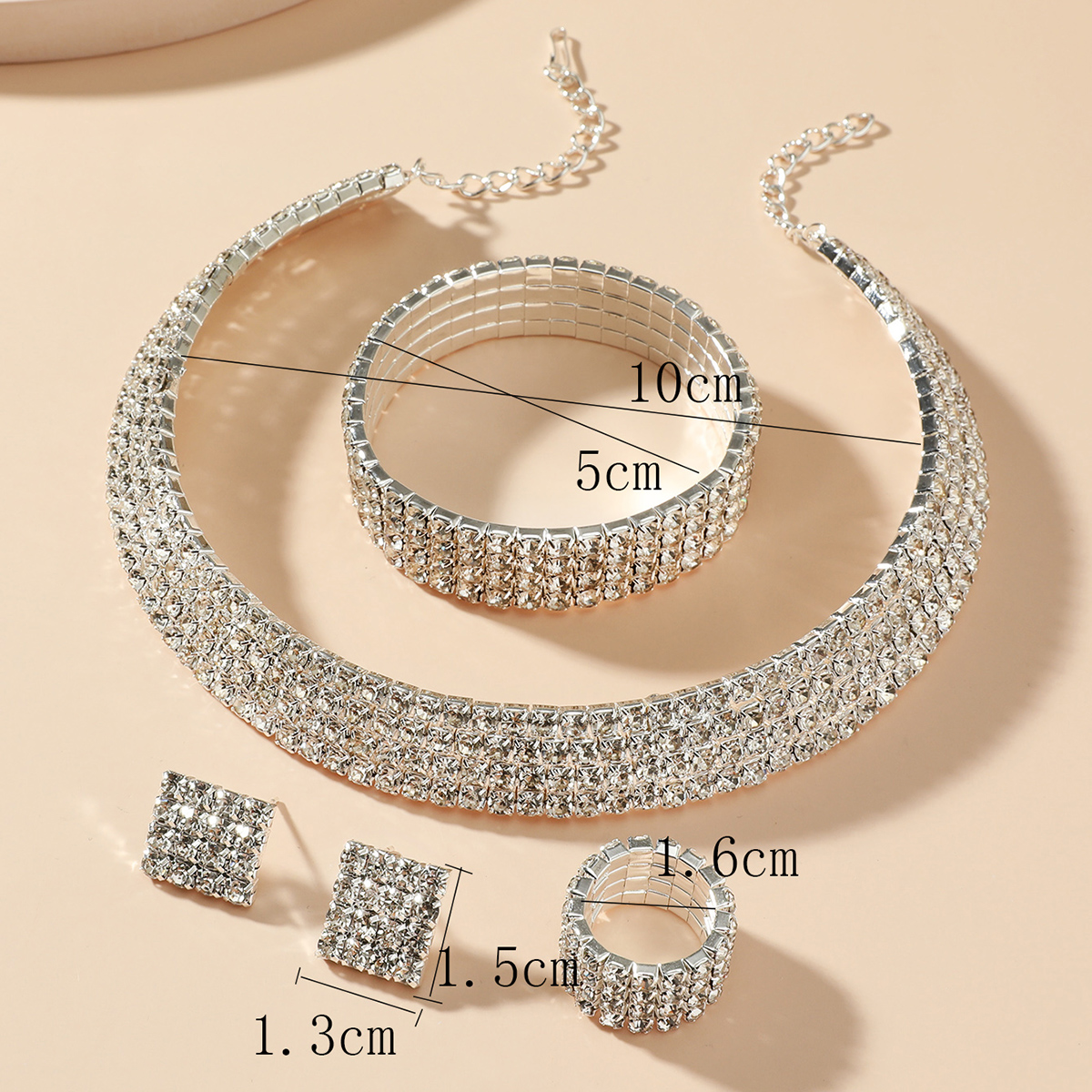 Bridal jewelry rhinestone chain necklace bracelet ring earrings set