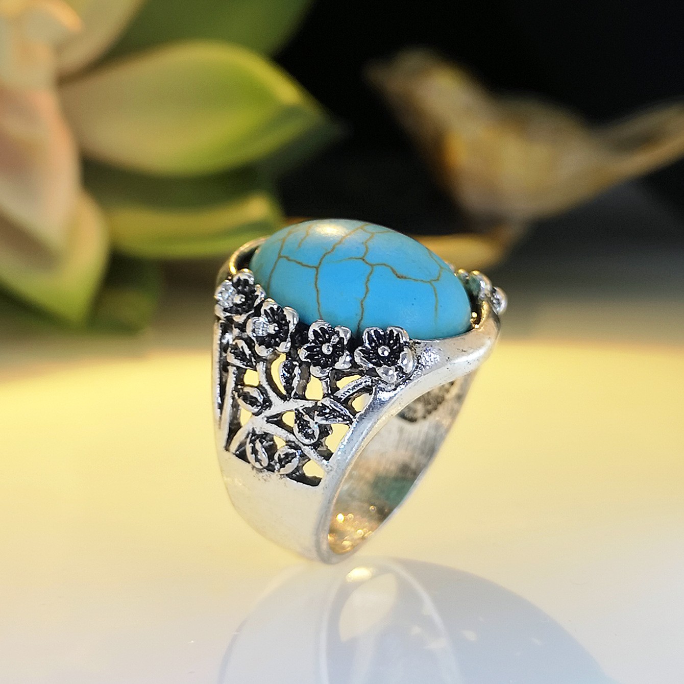 New European and American creative hollow carved turquoise ring cross-border e-commerce retro plated