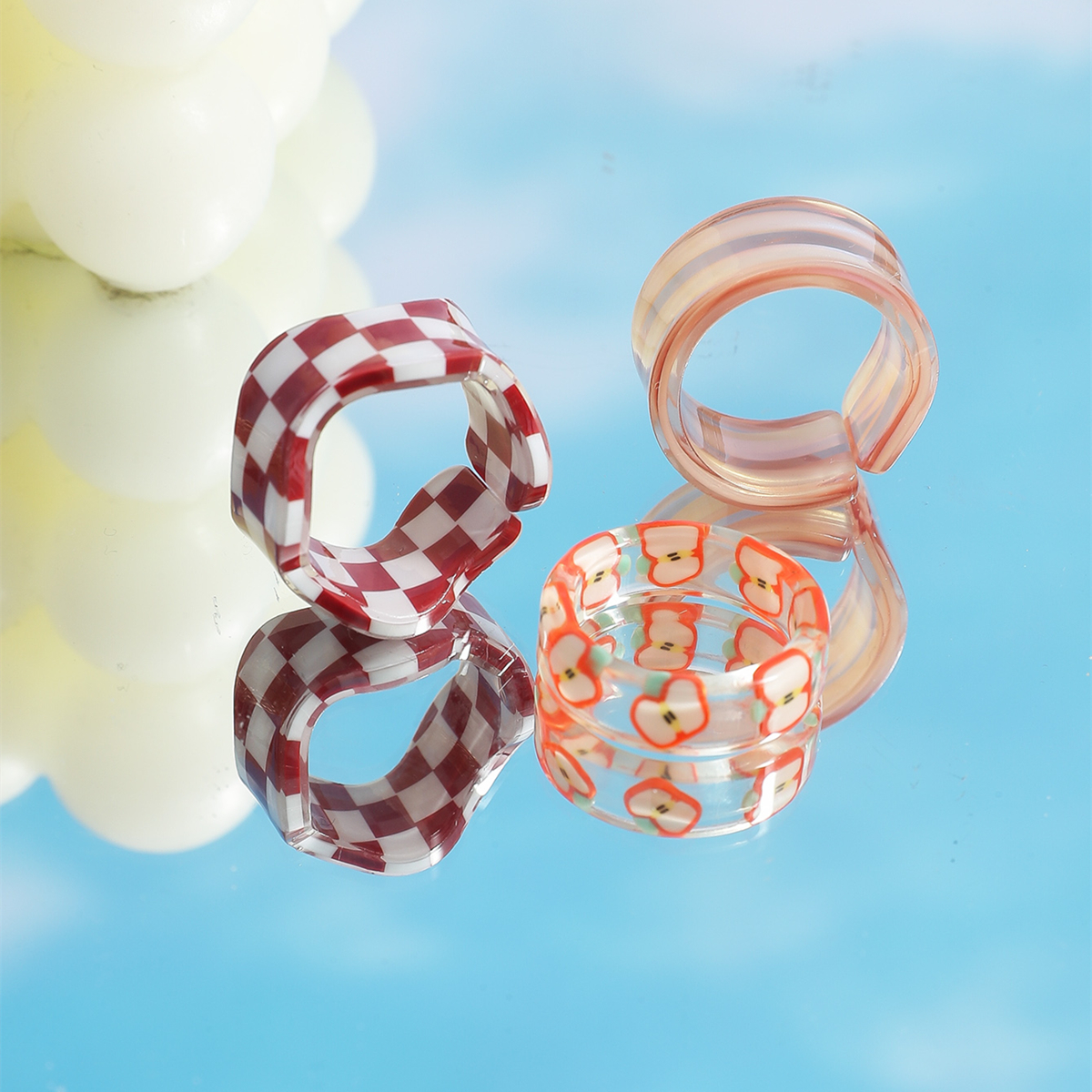 New checkerboard fruits resin contrast color ring threepiece setpicture1