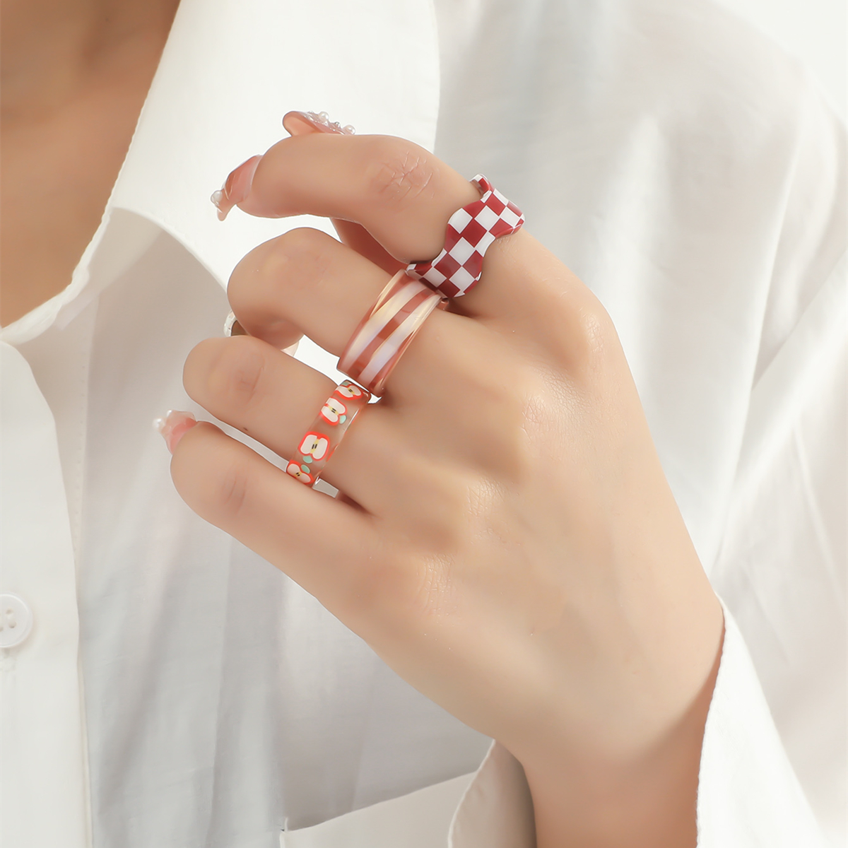 New checkerboard fruits resin contrast color ring threepiece setpicture2