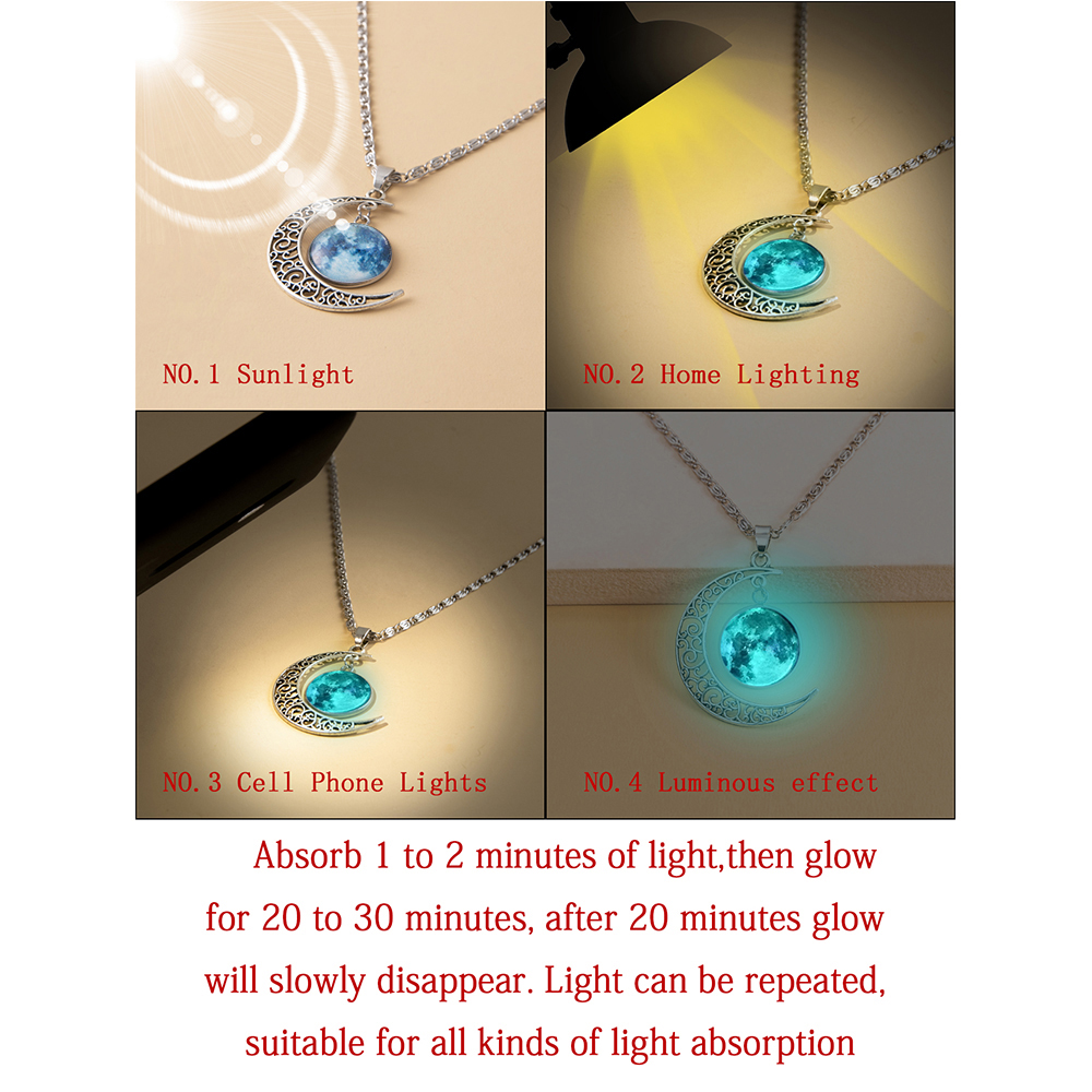 Green blue light luminous glass patch alloy moon necklace 42+5cm