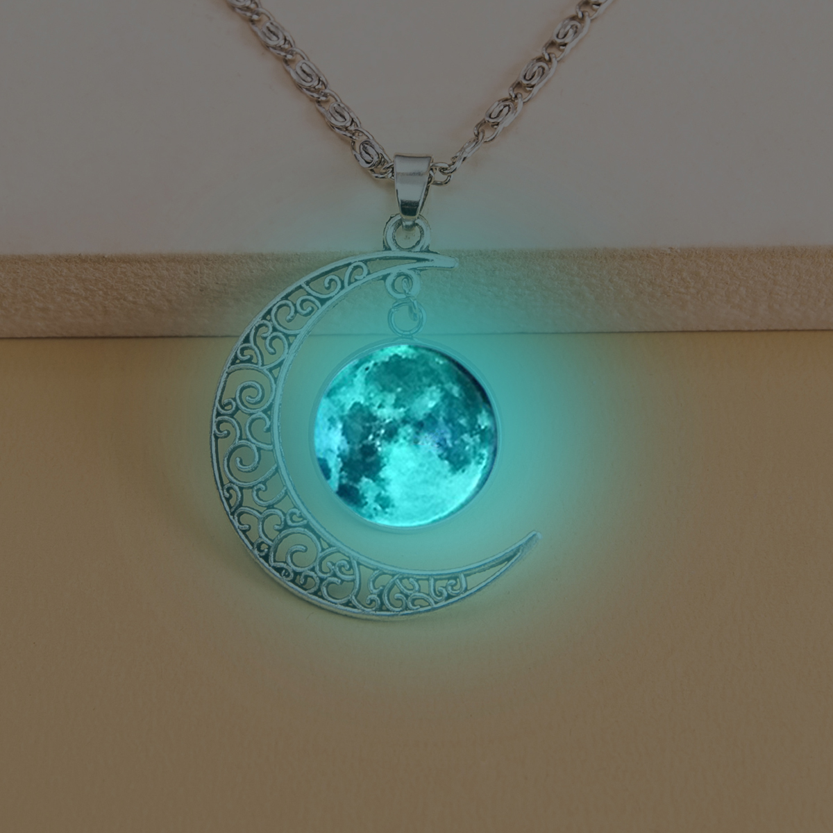 Green blue light luminous glass patch alloy moon necklace 42+5cm