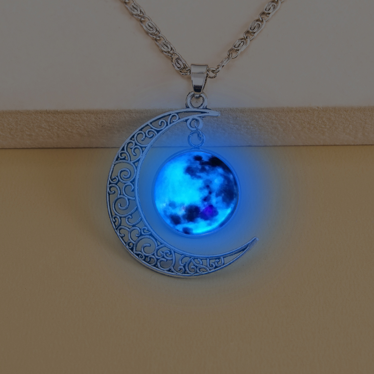 Green blue light luminous glass patch alloy moon necklace 42+5cm