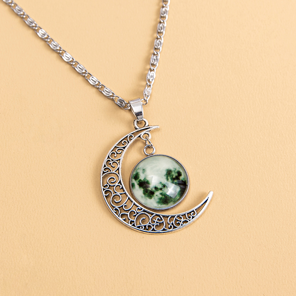 Green blue light luminous glass patch alloy moon necklace 42+5cm