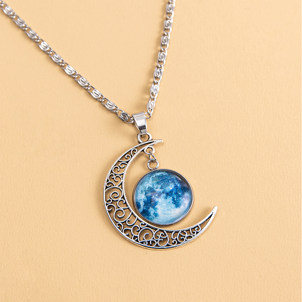 Green blue light luminous glass patch alloy moon necklace 42+5cm