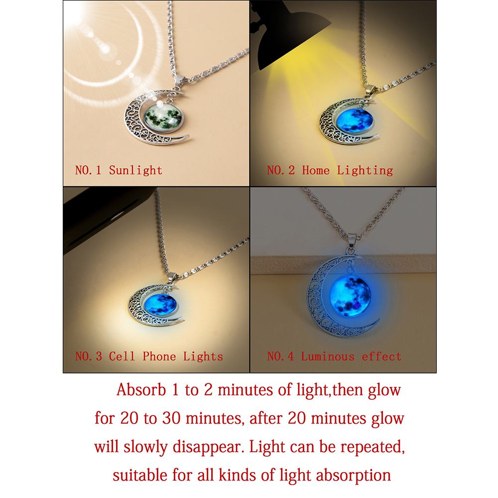 Green blue light luminous glass patch alloy moon necklace 42+5cm