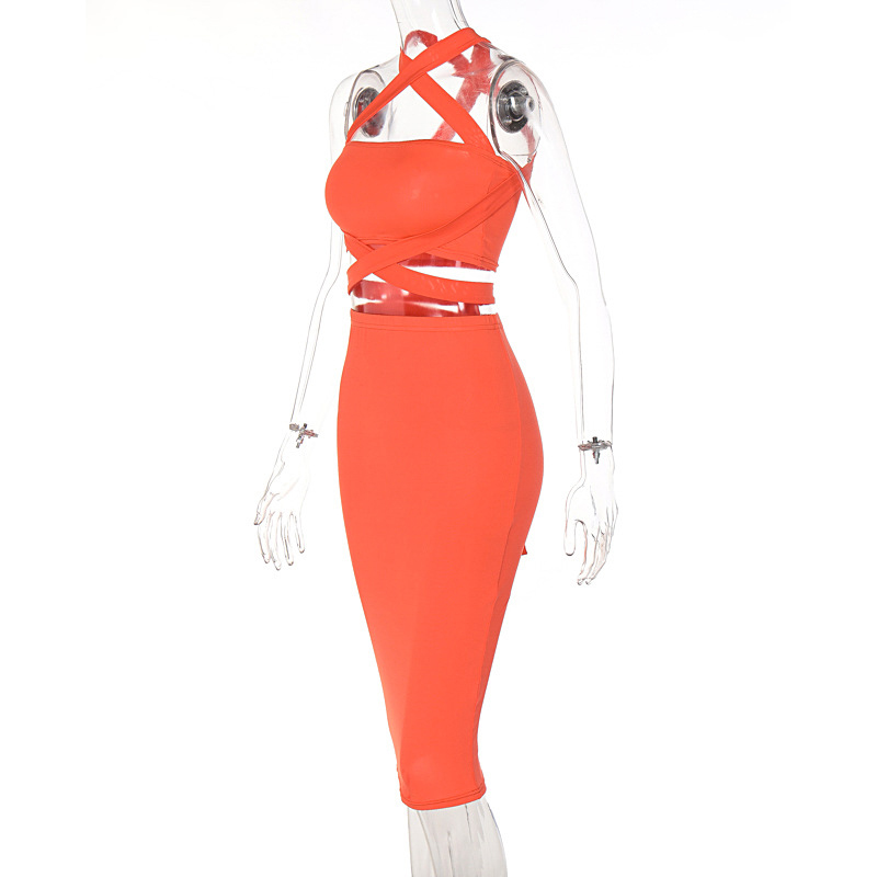 Nouvelle mode pour femmes couleur unie  lacets bustier tubulaire coupe ajuste hanche jupe costumepicture7