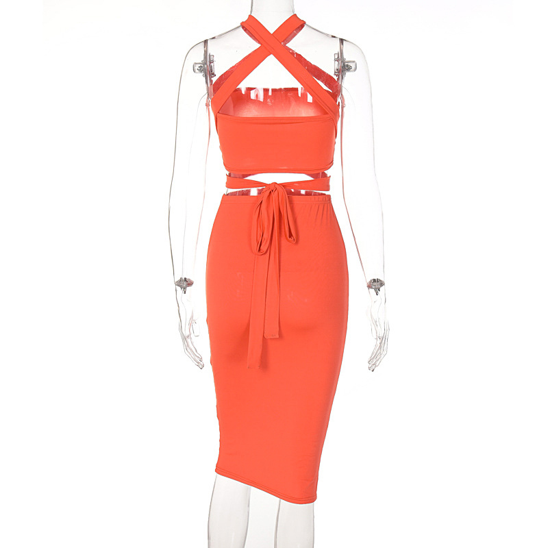 Nouvelle mode pour femmes couleur unie  lacets bustier tubulaire coupe ajuste hanche jupe costumepicture6