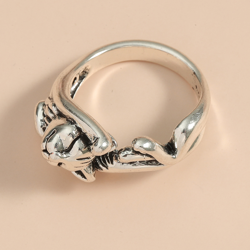 wish new kitten open ring European and American plated 925 retro Thai silver black live cat totem ri