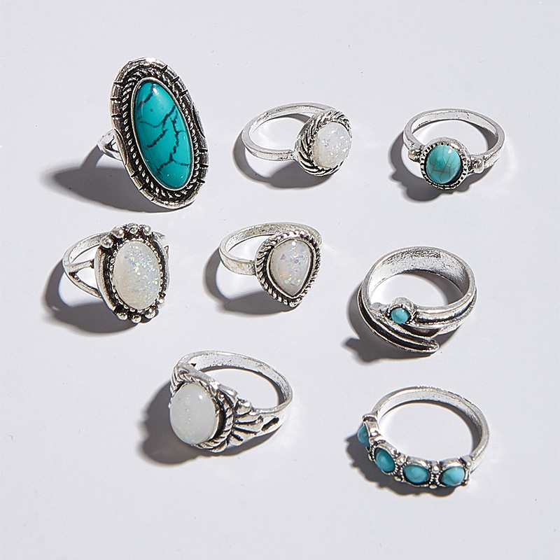 Vintage Alloy Inlaid Turquoise Geometric Ring Set of 8picture2