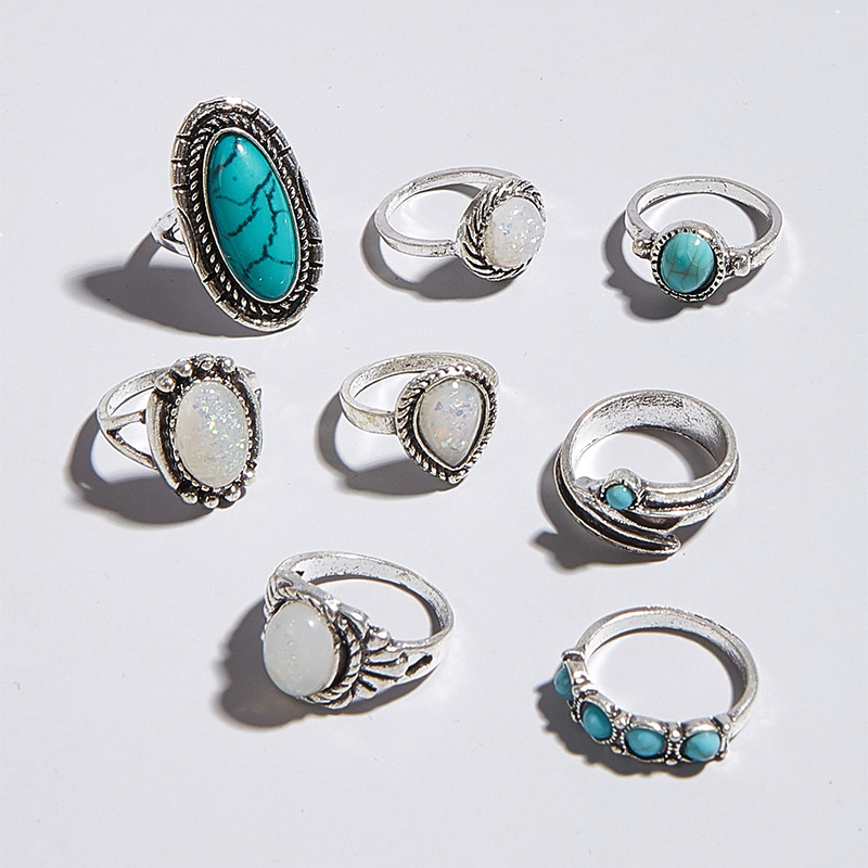 Vintage Alloy Inlaid Turquoise Geometric Ring Set of 8picture5