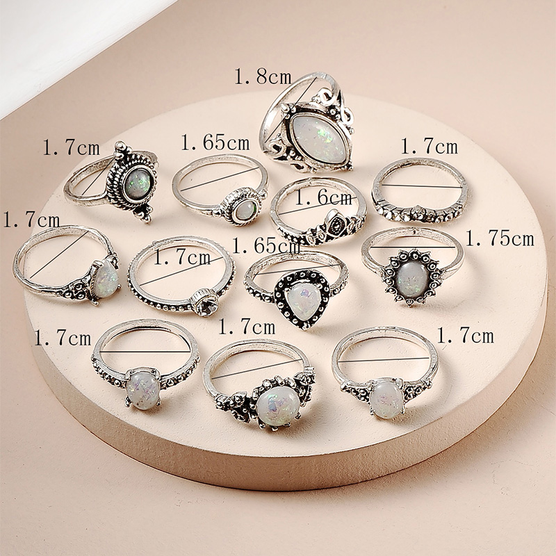 Vintage Alloy Inlaid Rhinestone Opal 12 Piece Ring Set