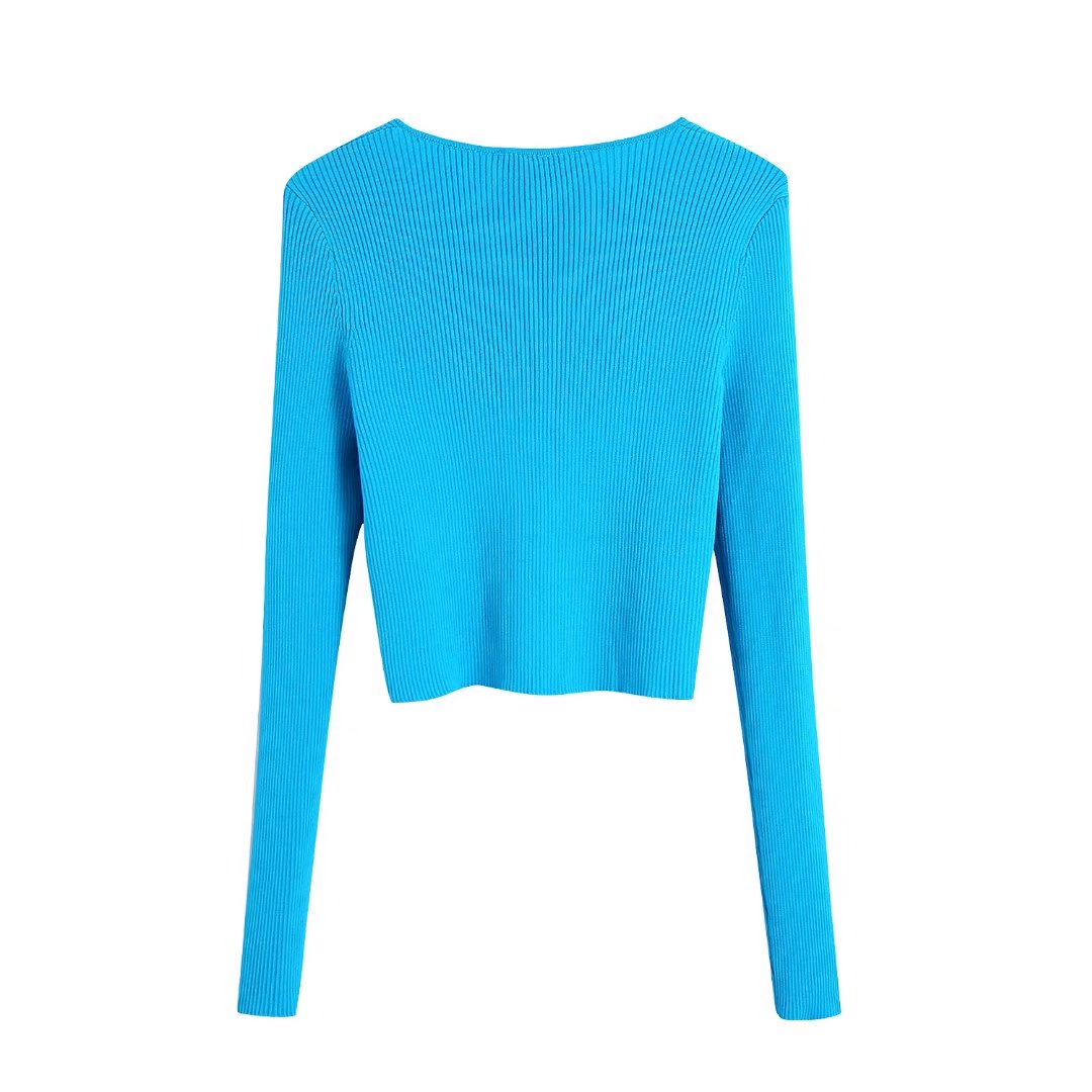 2022 printemps nouvelle couleur unie bleu veste en tricot  manches longuespicture3