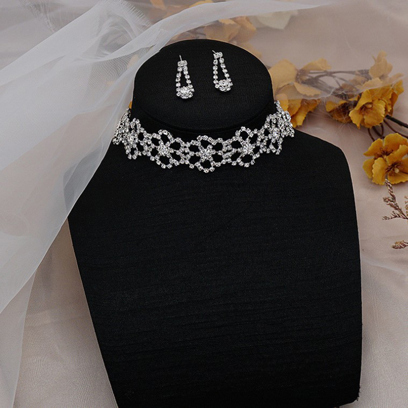 Fashion Bridal Party Dinner Flower Rhinestone Zircon Necklace Stud Earrings Set