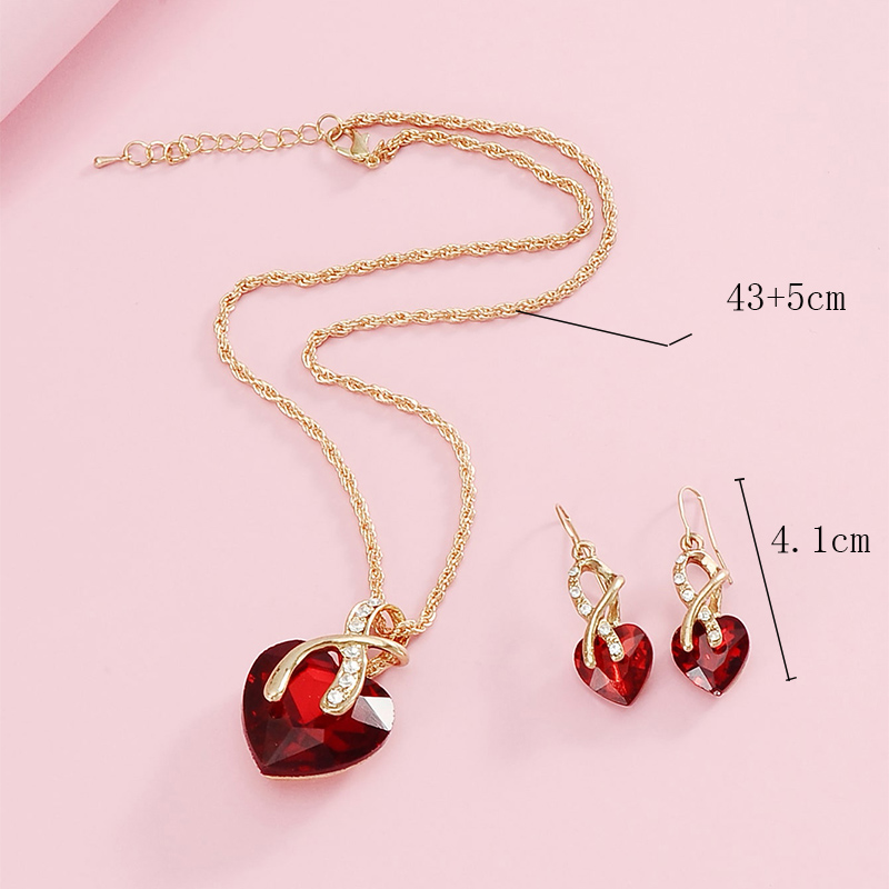 Fashion Jewelry Crystal Heart Peach Heart Necklace Earring Set