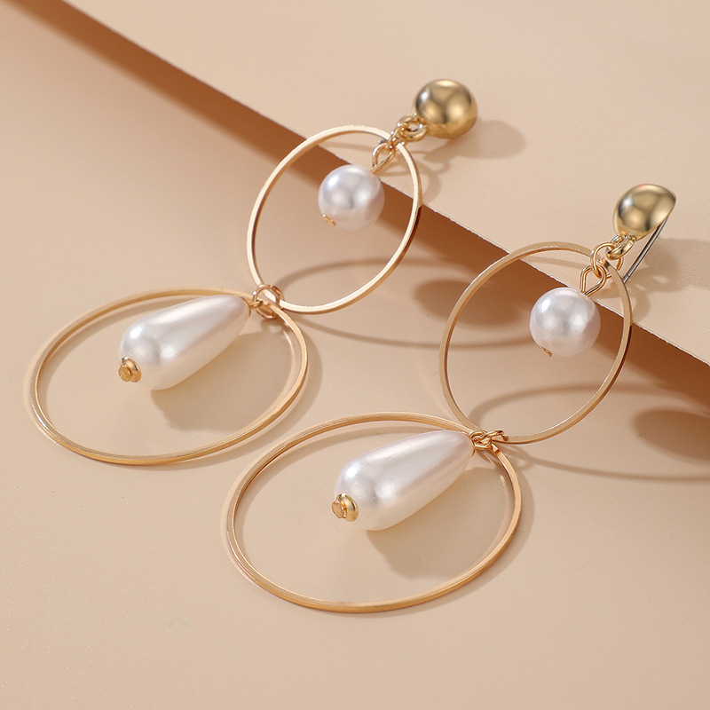 AliExpress Crossborder Fashion OL Jewelry Pearl Beaded Ring Earrings Rice Bead Alloy Geometric Earringspicture37