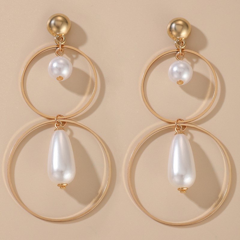 AliExpress Crossborder Fashion OL Jewelry Pearl Beaded Ring Earrings Rice Bead Alloy Geometric Earringspicture38