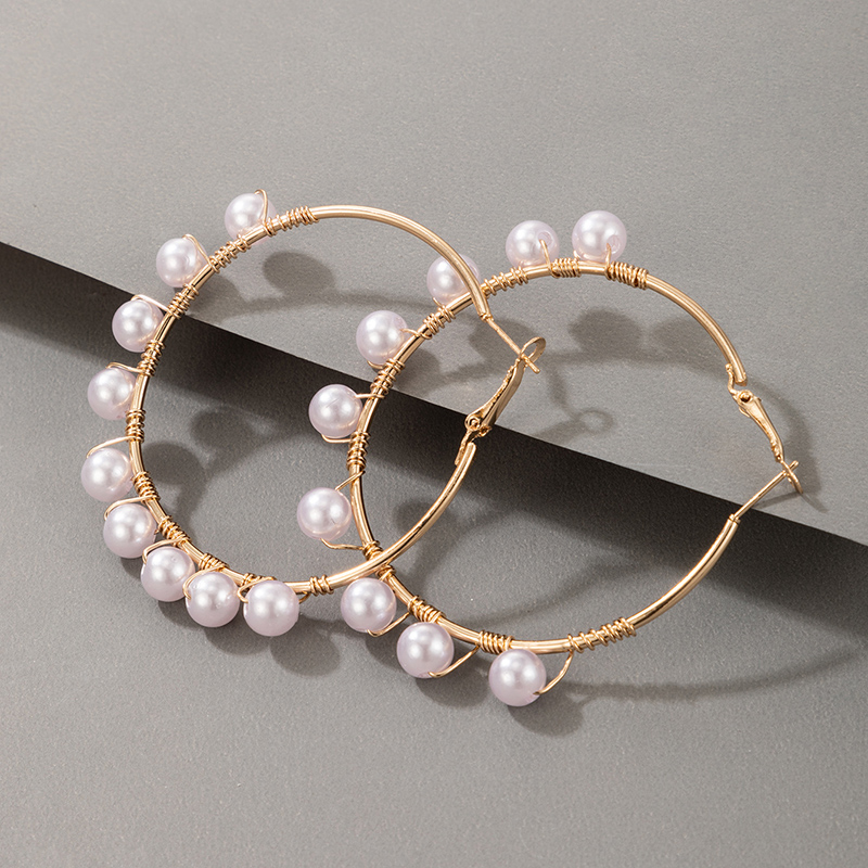 AliExpress Crossborder Fashion OL Jewelry Pearl Beaded Ring Earrings Rice Bead Alloy Geometric Earringspicture3