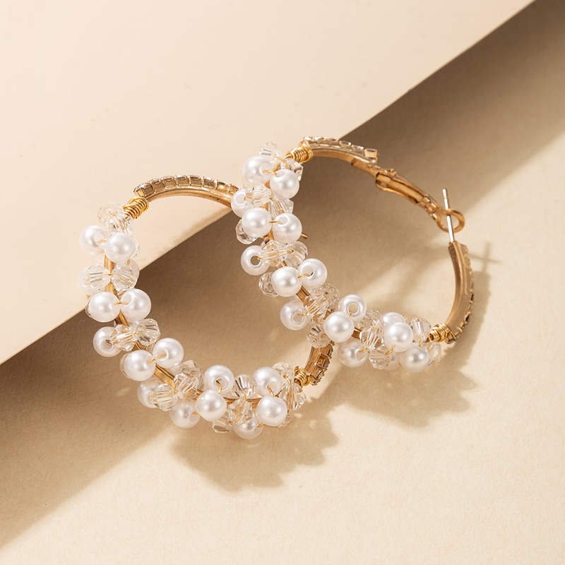 AliExpress Crossborder Fashion OL Jewelry Pearl Beaded Ring Earrings Rice Bead Alloy Geometric Earringspicture22