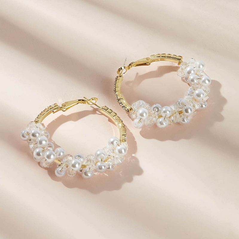 AliExpress Crossborder Fashion OL Jewelry Pearl Beaded Ring Earrings Rice Bead Alloy Geometric Earringspicture23