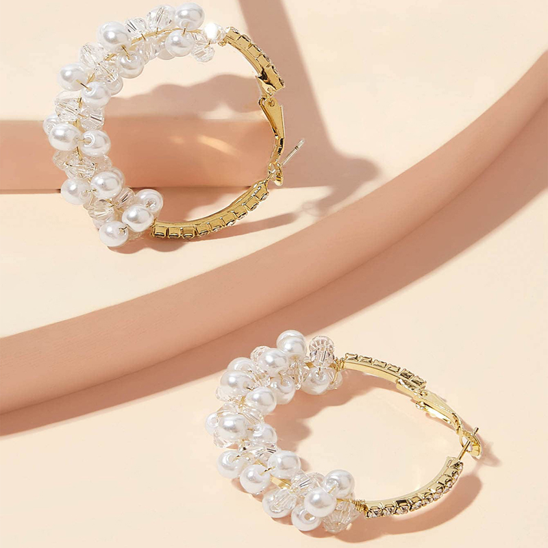 AliExpress Crossborder Fashion OL Jewelry Pearl Beaded Ring Earrings Rice Bead Alloy Geometric Earringspicture24