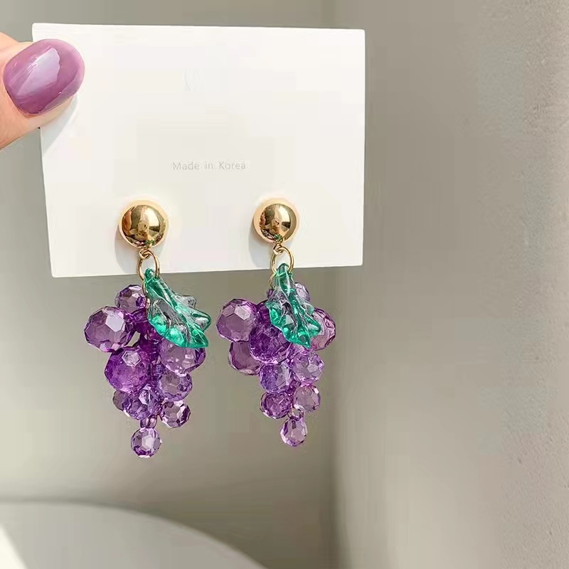 Temperament simple personality Korean version earrings simple crystal purple grape earrings long earrings small jewelrypicture3