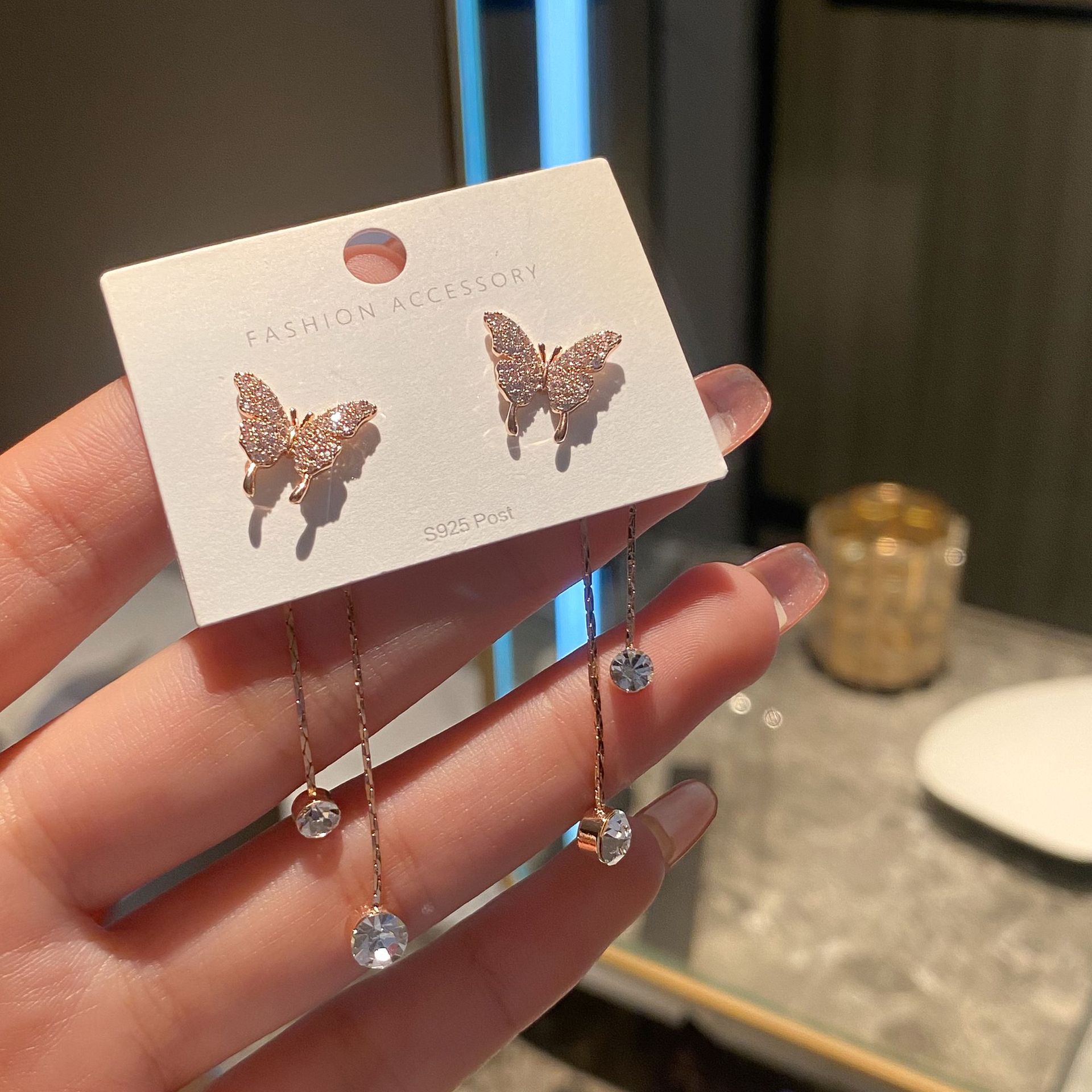 Light luxury fashion microset zircon butterfly tassel long earringspicture4
