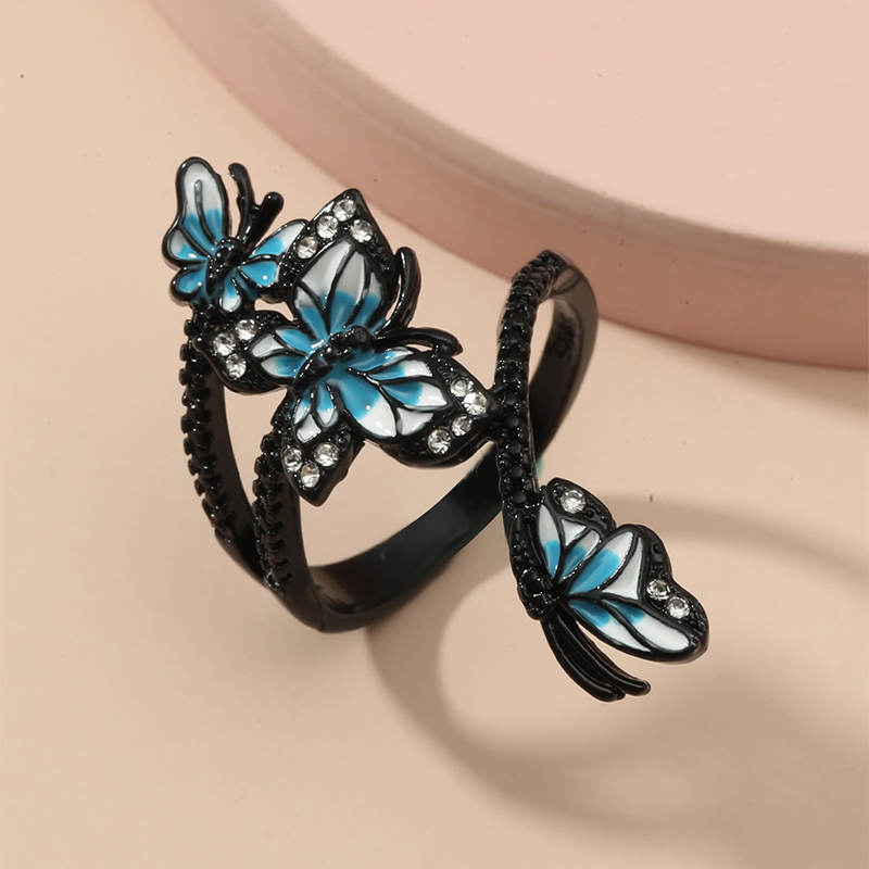 Oil Drop Rhinestone Butterfly Ring