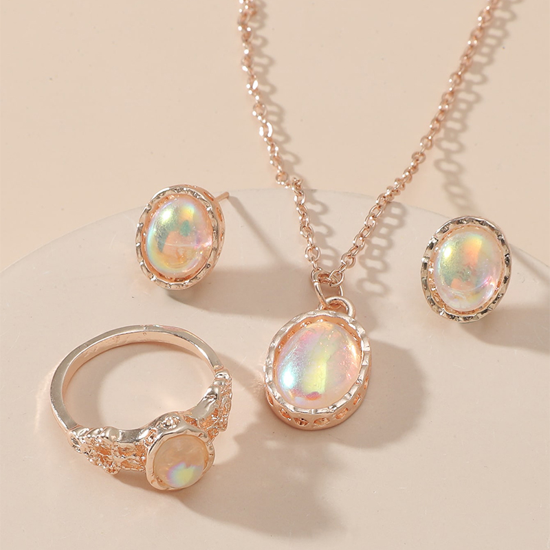 Fashion Jewelry Oval Fluorescent Gemstone Stud Earrings Necklace Ring Set